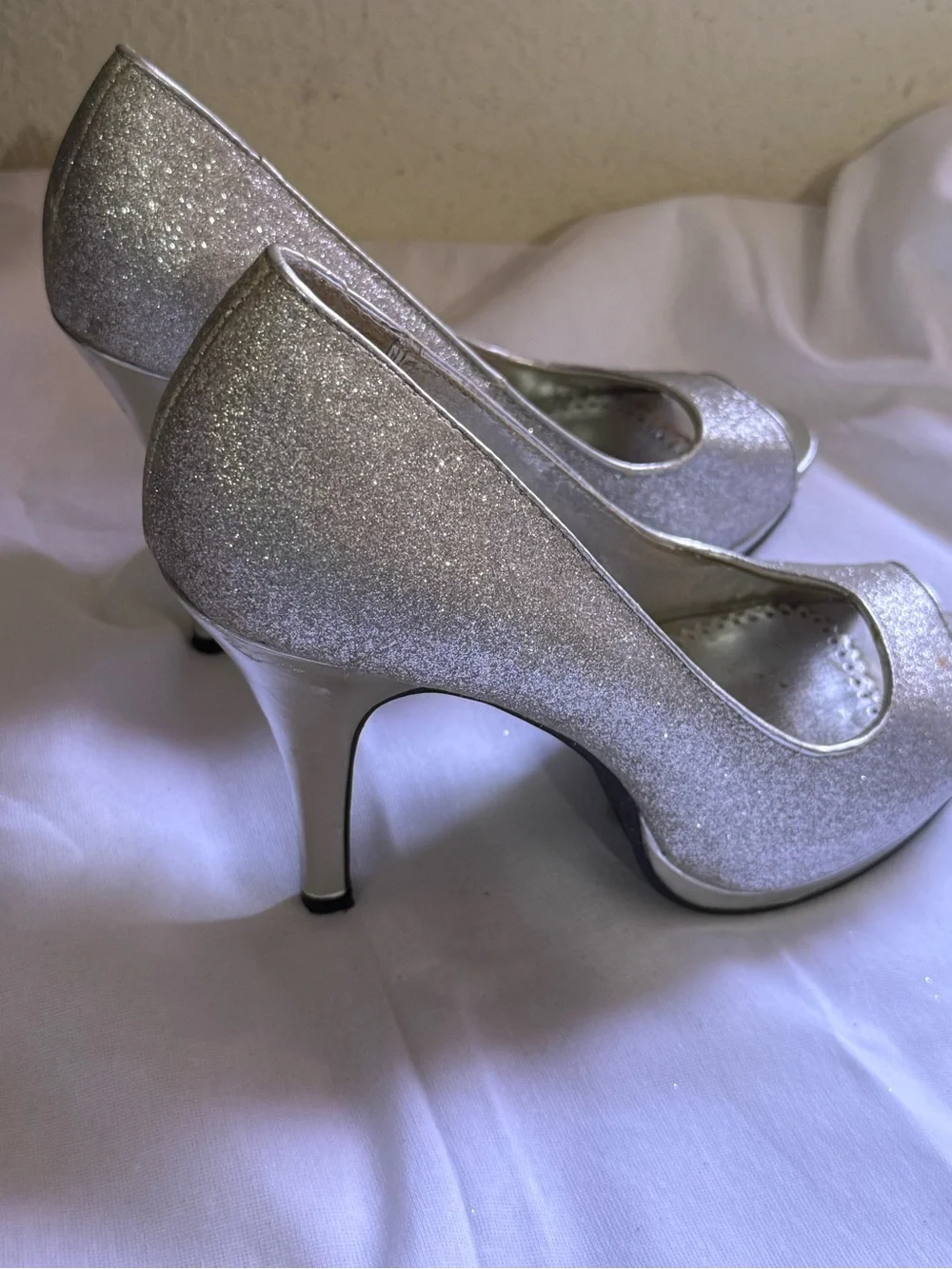 Rampage Silver Glitter Peep-Toe Heels